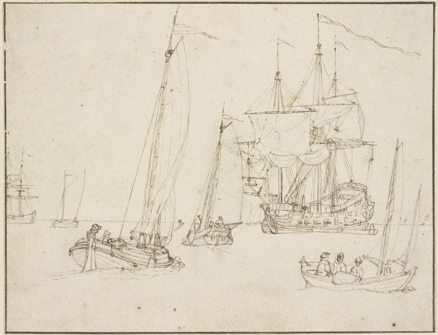 Ein Kriegsschiff, umgeben von drei Segelbooten, in der Ferne noch mehrere andere Schiffe from Willem van de Velde d. J.