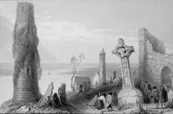 The Ancient Cross and Round Tower at Clonmacnois, County Offaly, Ireland, from 'Scenery and Antiquit from William Henry Bartlett