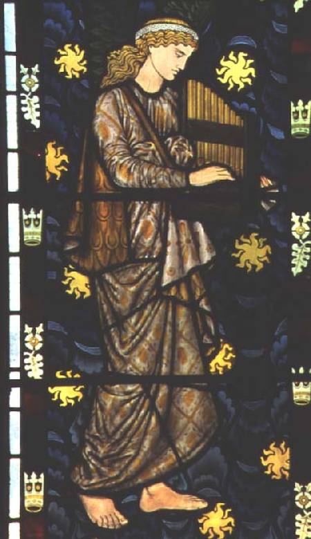 Angel with a portative organ, stained glass window designed from William  Morris